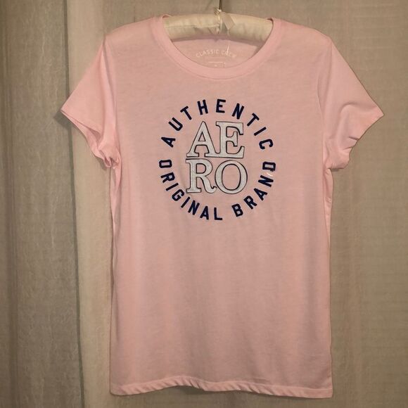 Aero XL Baby Pink Embroidered Navy Logo Classic Crew Short Sleeve Cotton Tee - Picture 1 of 8